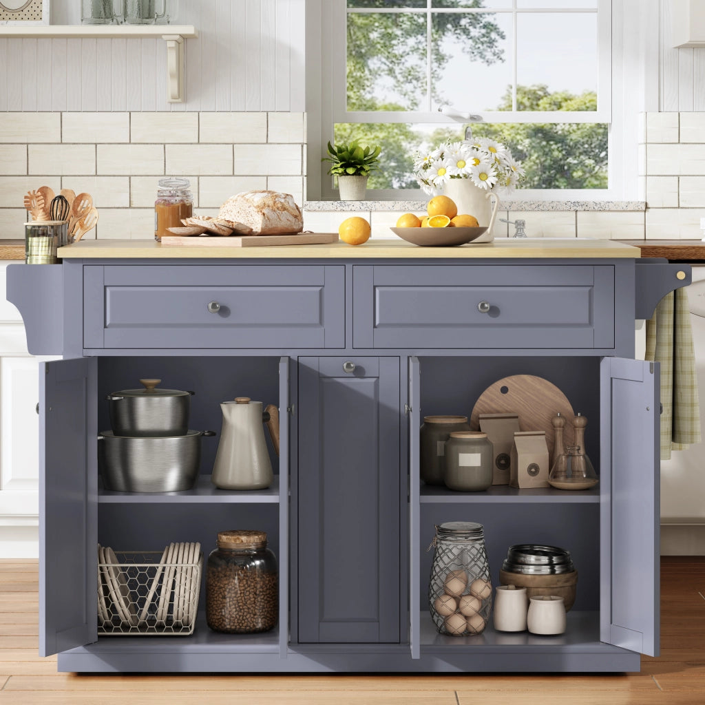 Isola cucina mobile con piano ribaltabile, 2 cassetti grandi, cassetti verticali, ruote frenanti, 121 x 49(69) x 89 cm
