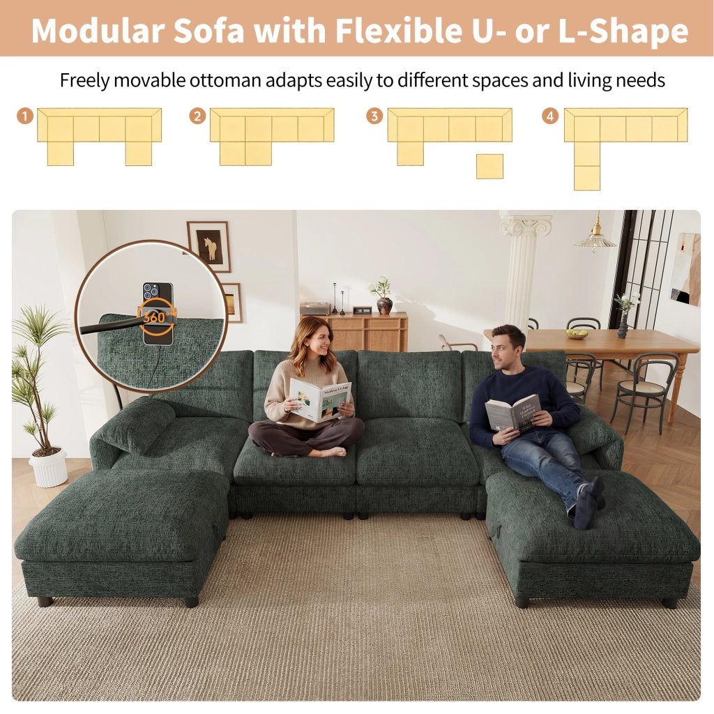 Divano angolare modulare 6 posti con due pouf contenitore e ricarica USB Type-C e portatelefono in chenille verde