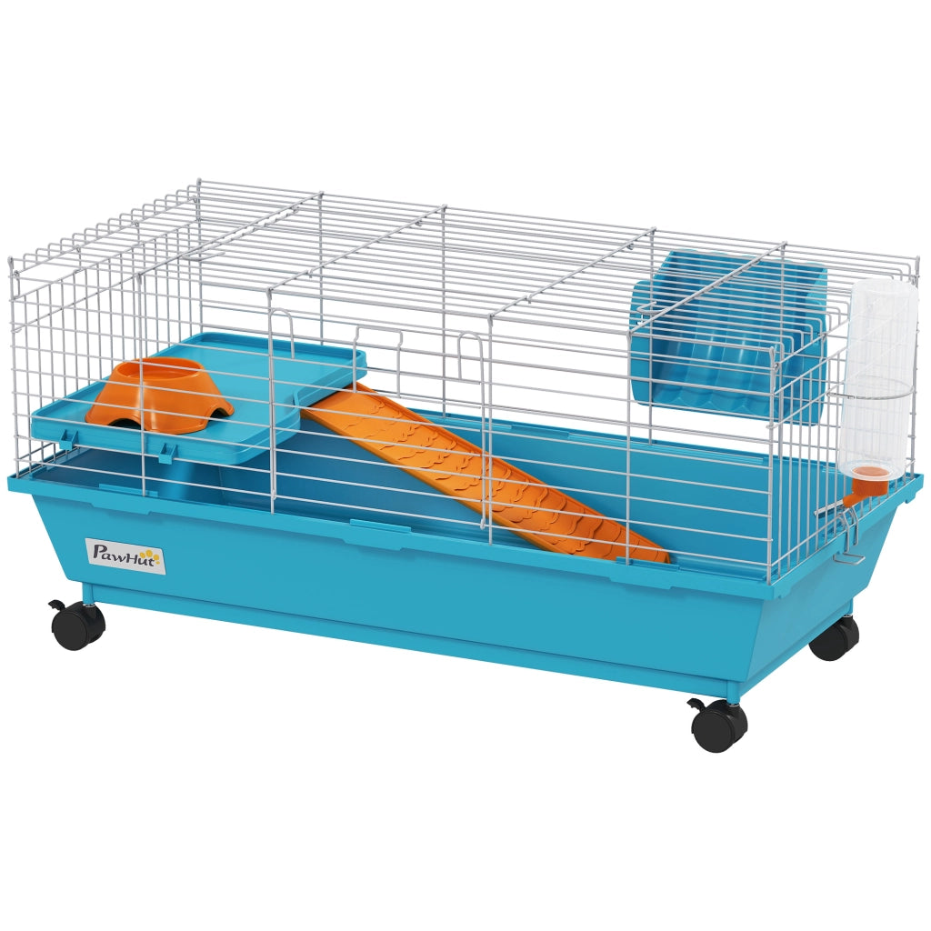 Gabbia per Piccoli Animali con Ruote e Dispensatore Fieno ¨C zephmum ¨C 89x44x43 cm Blu