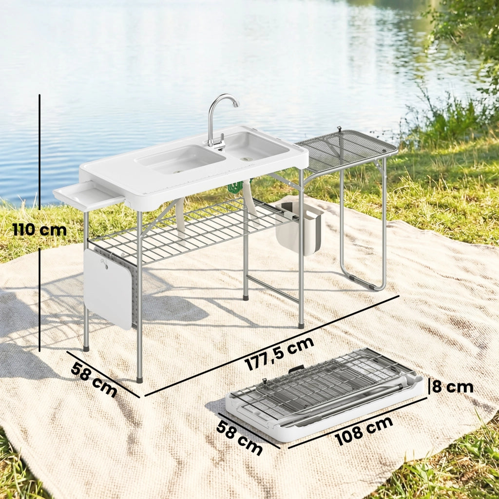 Tavolo da Pescato Pieghevole Portatile con 2 Lavelli ¨C zephmum ¨C Bianco 120x60x90