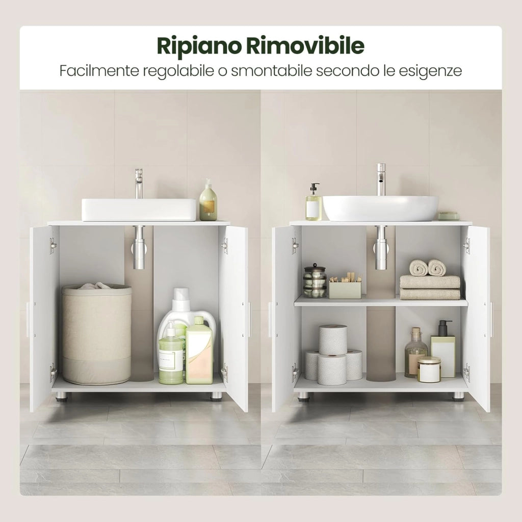 Mobile Sottolavabo per Bagno in MDF, Armadietto Salvaspazio con Ripiano Regolabile Mobiletto, Mobile Copricolonna con Maniglie e Gambe in Metallo, Bianco, Argento, 60x30x60cm