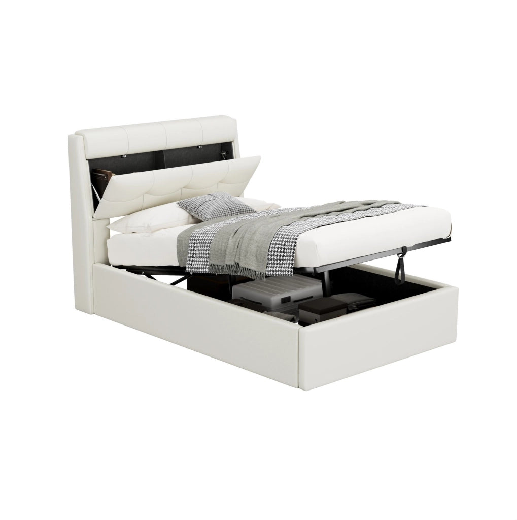 Letto singolo 90x200 cm con contenitore e sollevamento idraulico; similpelle bianco