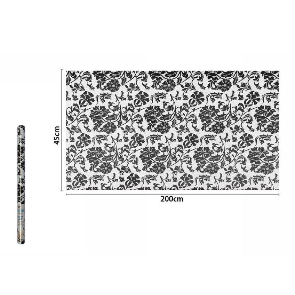 Trade Shop - Rotolo Pellicola Adesiva In Pvc Bianco Fiori Neri 45cmx2mt Mobili Cassetti 71227 -