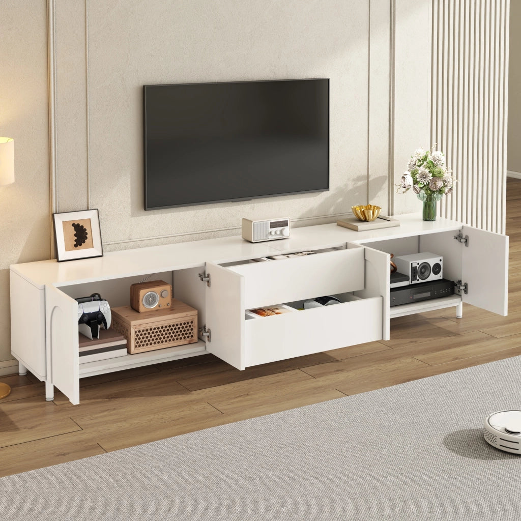 Mobile porta TV con 4 ante e 2 cassetti, passacavi laterali, per soggiorno, in MDF e truciolare, bianco, 180 × 40 × 48 cm