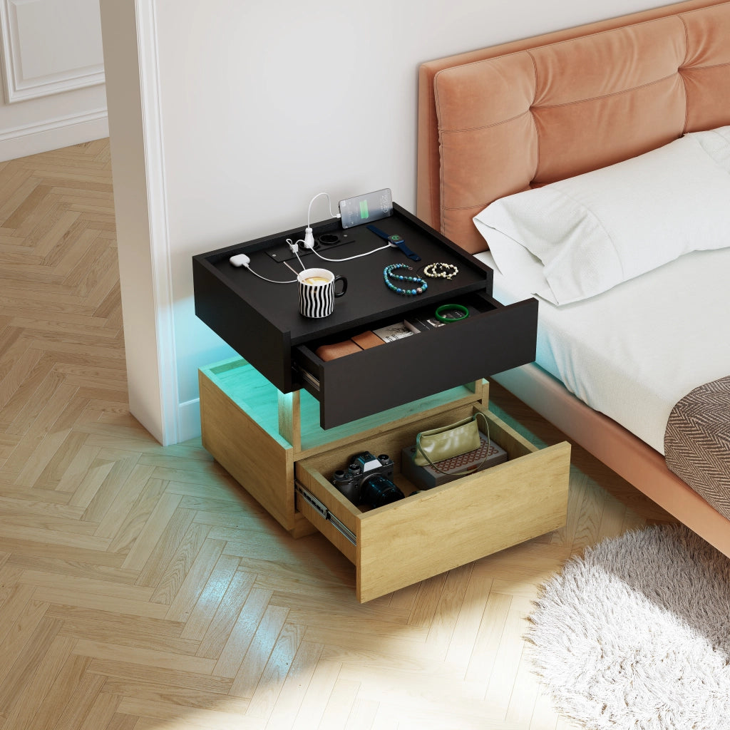 Comodino con ricarica wireless, LED e 2 cassetti per camera da letto, nero e naturale 50 × 40 × 50 cm