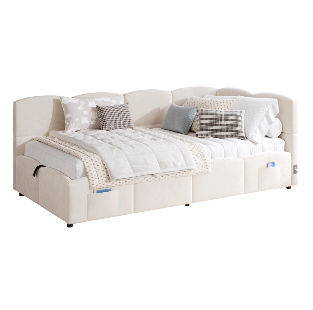 Letto imbottito 90x200 cm in velluto beige con vano idraulico, USB e tasche