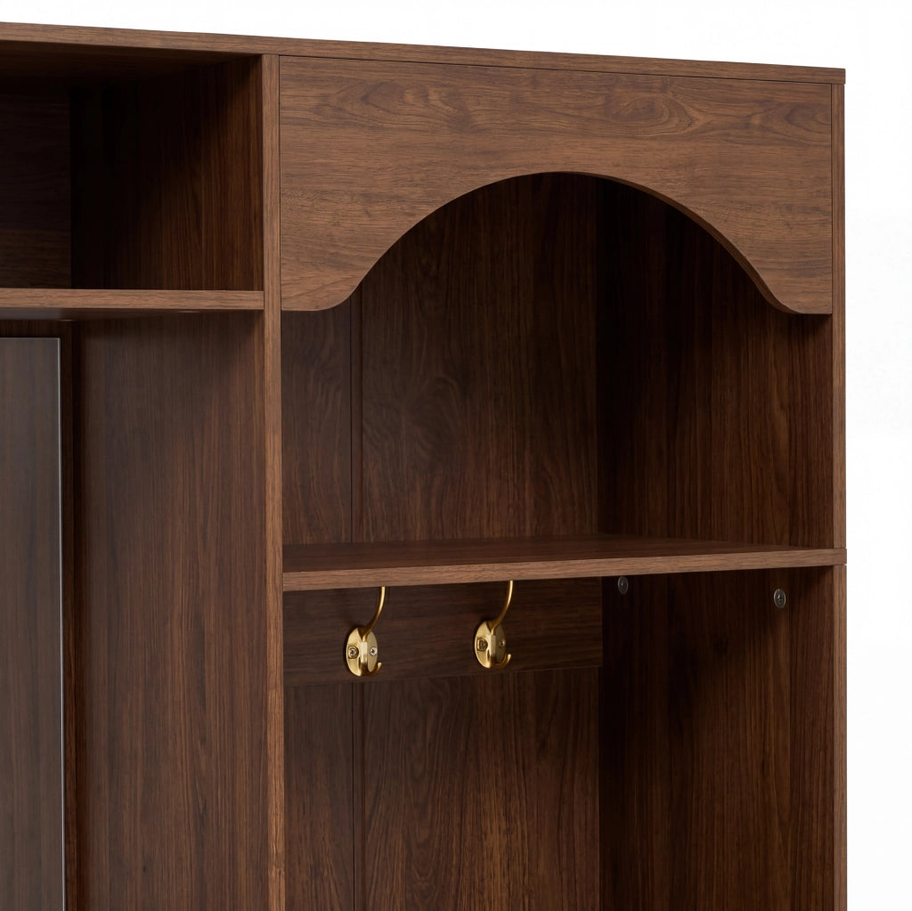 Garderoba da ingresso multifunzione con specchio; LED; panca e appendiabiti 100x35x180 cm; noce