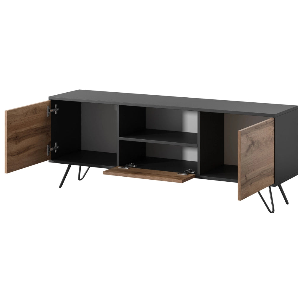 Mobile Porta TV Con 2 Ante Battenti Anta A Ribalta E Vano A Giorno Design Contemporaneo Per Zona Living E Salotto 137 X 52 X 33 Cm Nero E Rovere