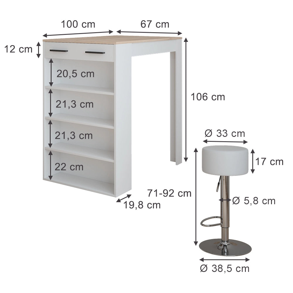 Vicco tavolo bar con sgabelli Bianco/Sonoma 67 x 100 cm con 2 sgabelli da bar