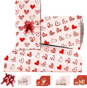 Papier da Regalo con Cuori Rosso Fluttuante 85x60 con 4 Nodi, 4 Carte, 4 Etichette - Avvolgimento di Regalo per Bambini, Bambina, Moglie, Uomo al Compleanno