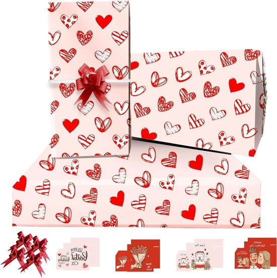 Papier da Regalo con Cuori Rosso Fluttuante 85x60 con 4 Nodi, 4 Carte, 4 Etichette - Avvolgimento di Regalo per Bambini, Bambina, Moglie, Uomo al Compleanno