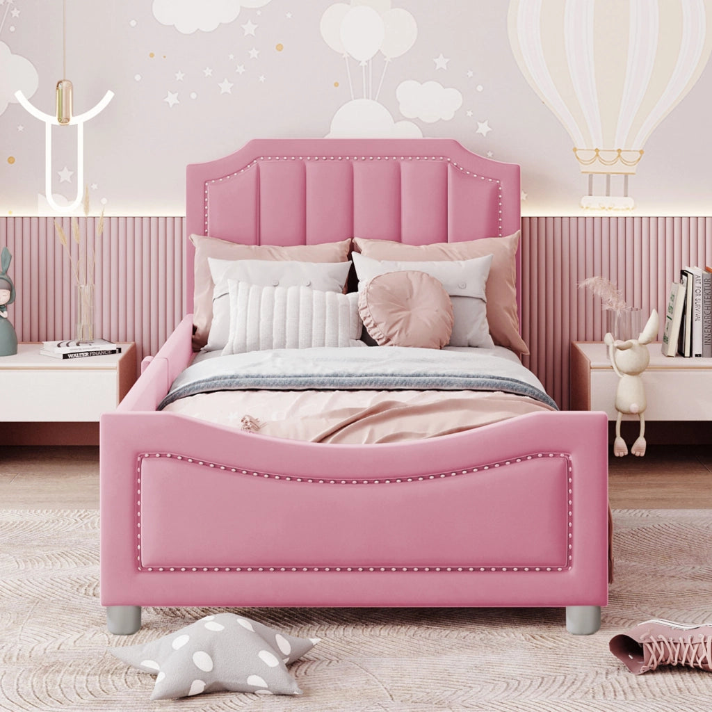 Letto imbottito per bambini 90 x 200 cm in flanella rosa con rete a doghe