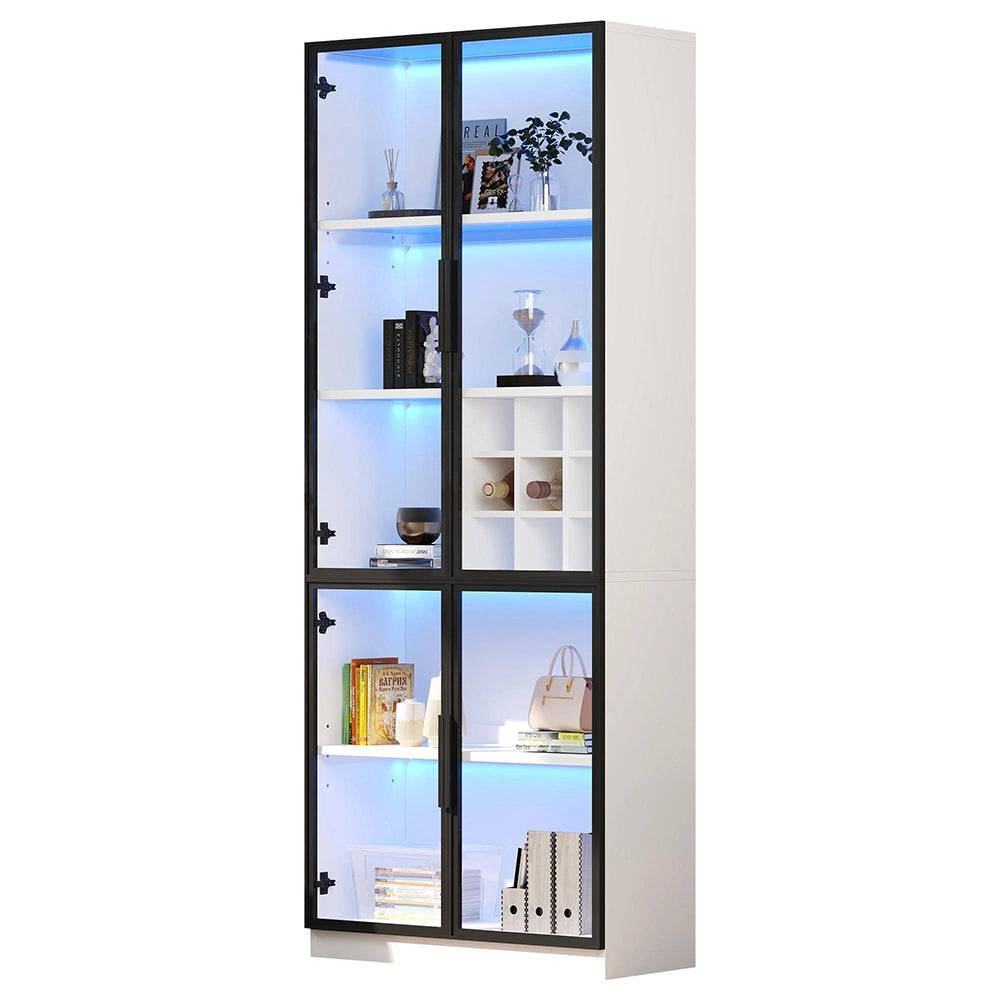 Vetrina 80x35x200 cm con LED - Xylo - ante in vetro, biblioteca, supporto vino, elegante buffet doppia anta