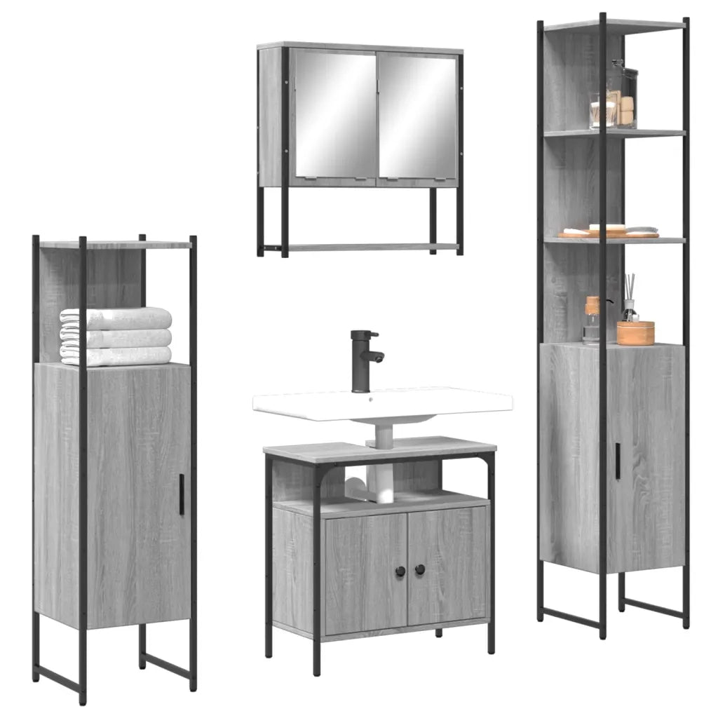 Set Mobili da Bagno | Armadio da bagno 4 pz Grigio Sonoma in Legno Multistrato