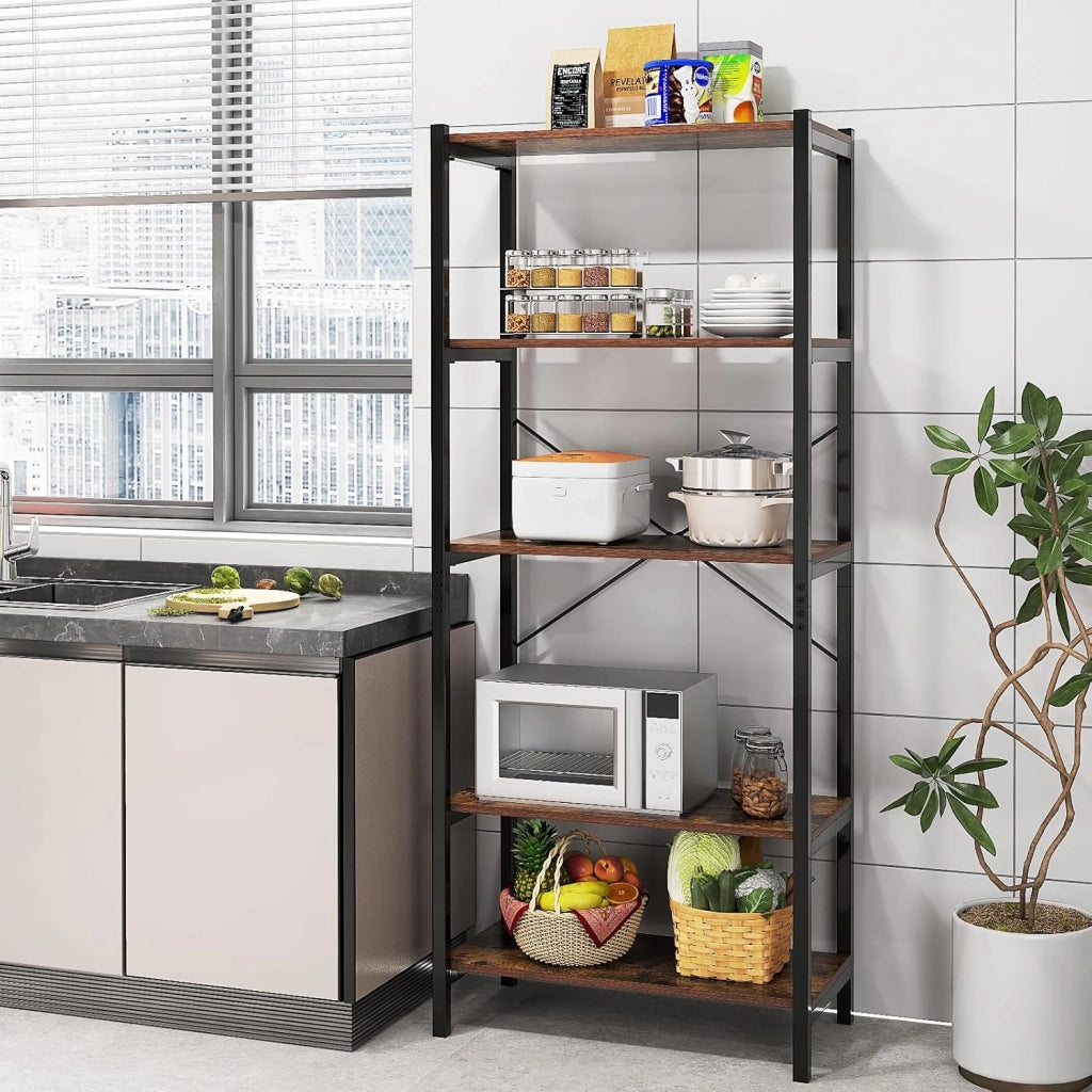 Libreria a 5 Ripiani, Scaffale di Stoccaggio con Struttura in Metallo e Doppio Sistema Anti-Ribaltamento, Scaffale Autoportante per Ufficio Soggiorno Camera da Letto, 66x34x161 cm