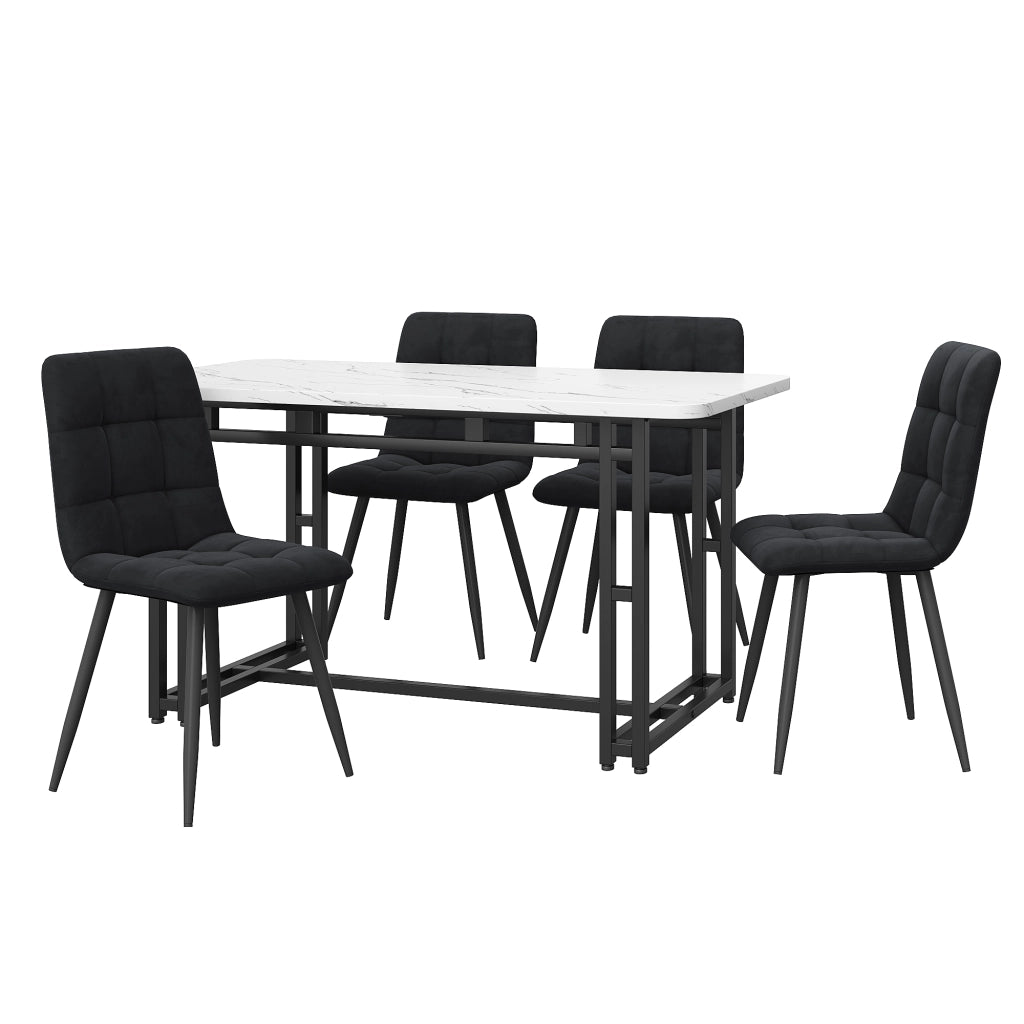 Tavolo da pranzo per 4 persone con 4 sedie in velluto, piano in MDF e gambe in metallo, per cucina e soggiorno, nero