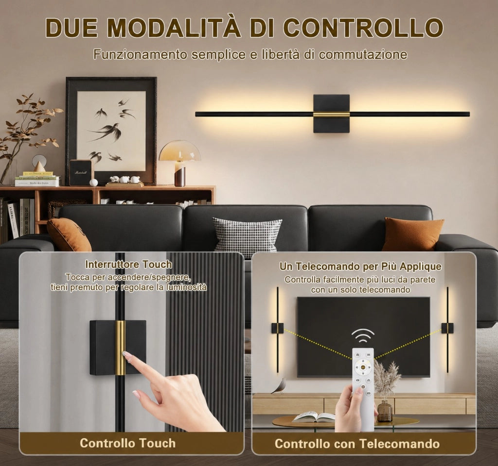 Coppia Applique LED Lineari Senza Fili 70CM Ricaricabili USB con Telecomando Touch e Rotazione 350° Nero Oro