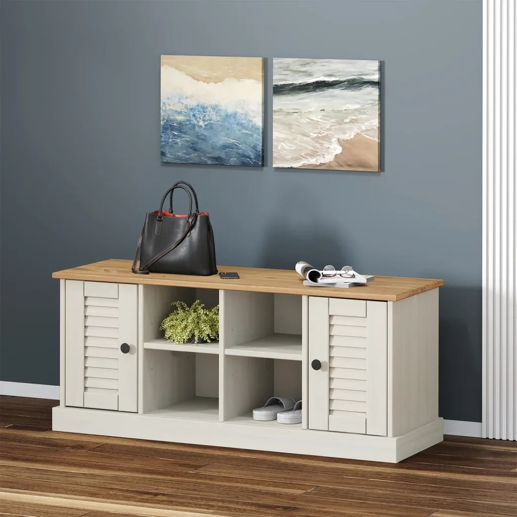 Panca Porta Scarpe Bianca VIGO 106x35x45 cm Legno Massello Pino 353179