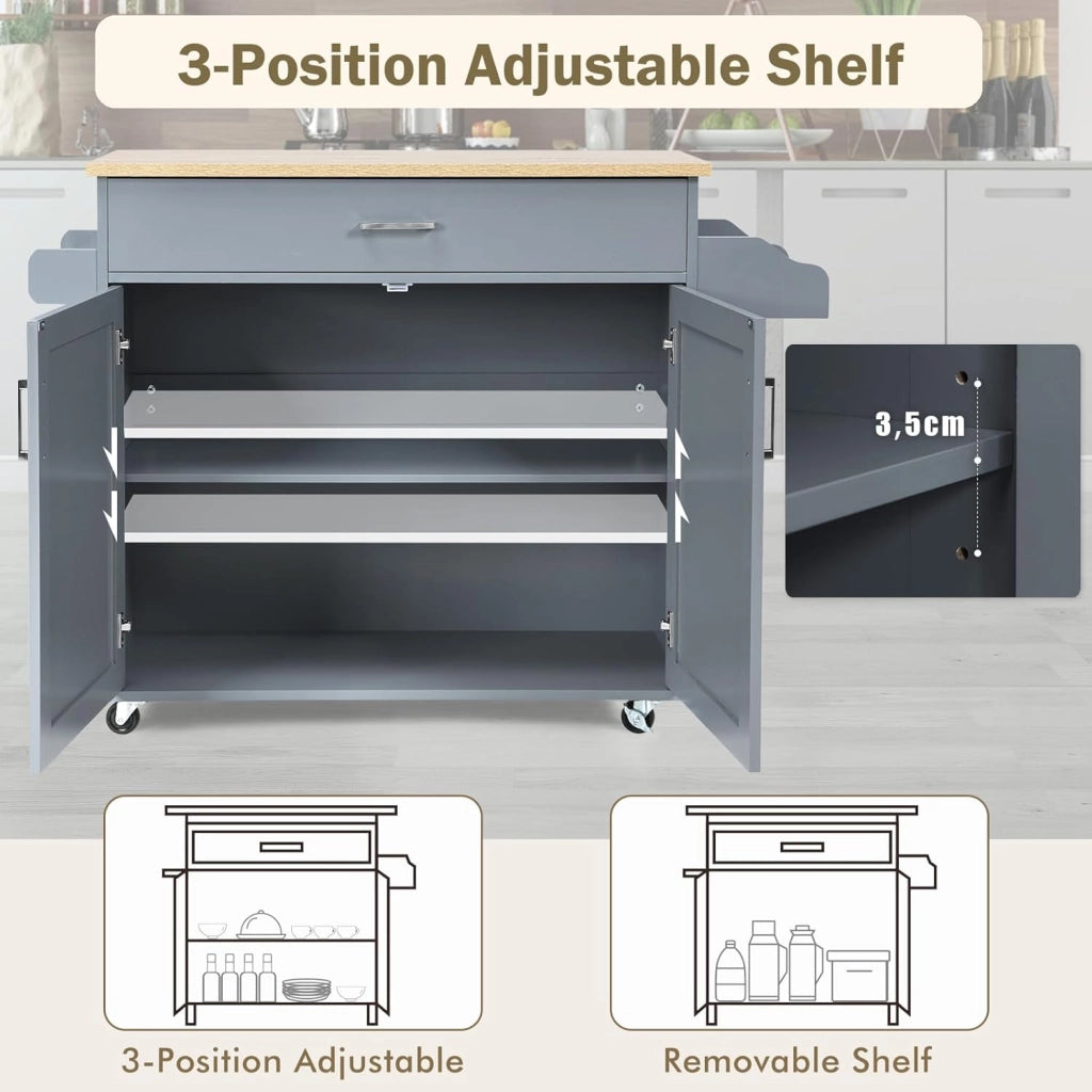 Carrello da Cucina con Ruote di Gomma, Isola Cucina con Cassetto e Ripiano Regolabile, Mobile Credenza Salvaspazio Porta Microonde, Portaspezie, Portasciugamani, 116 x 40 x 85 cm (Grigio)