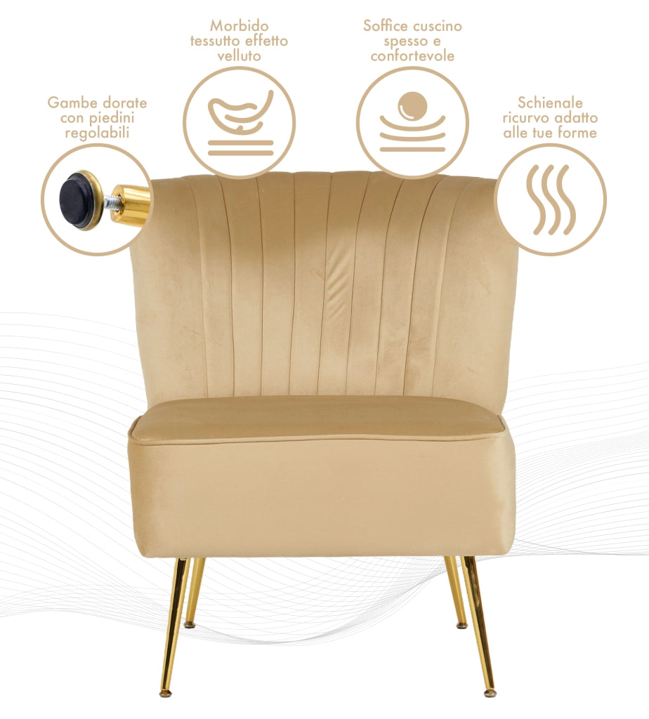 Poltrona Moderna Stile Scandinavo Comoda Rivestita In Velluto Poltroncina Da Camera Con Gambe Oro Sedia Per Ingresso Ufficio Casa Lavoro Divano Singolo Relax  - Biscotto
