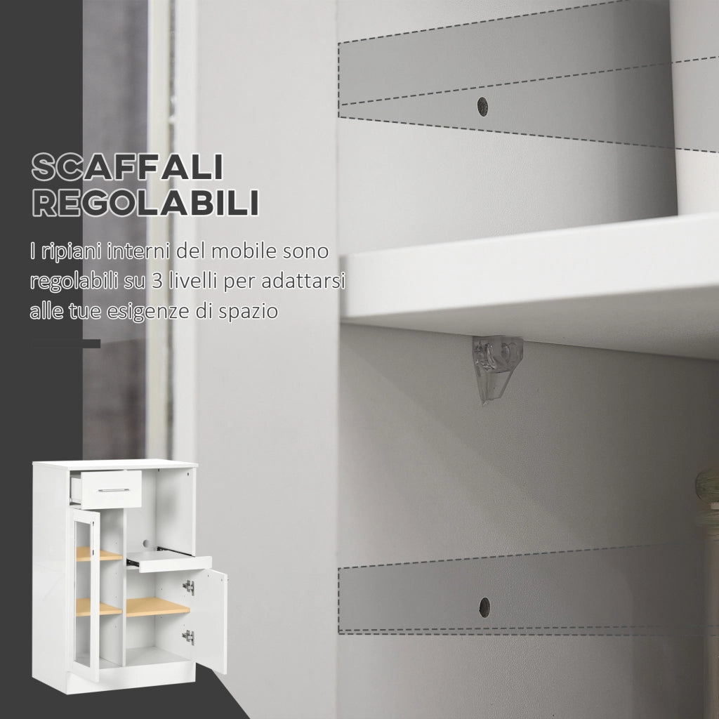 Credenza Moderna con Armadietti e Cassetto in Legno e Vetro, 60x40x95cm, Bianco