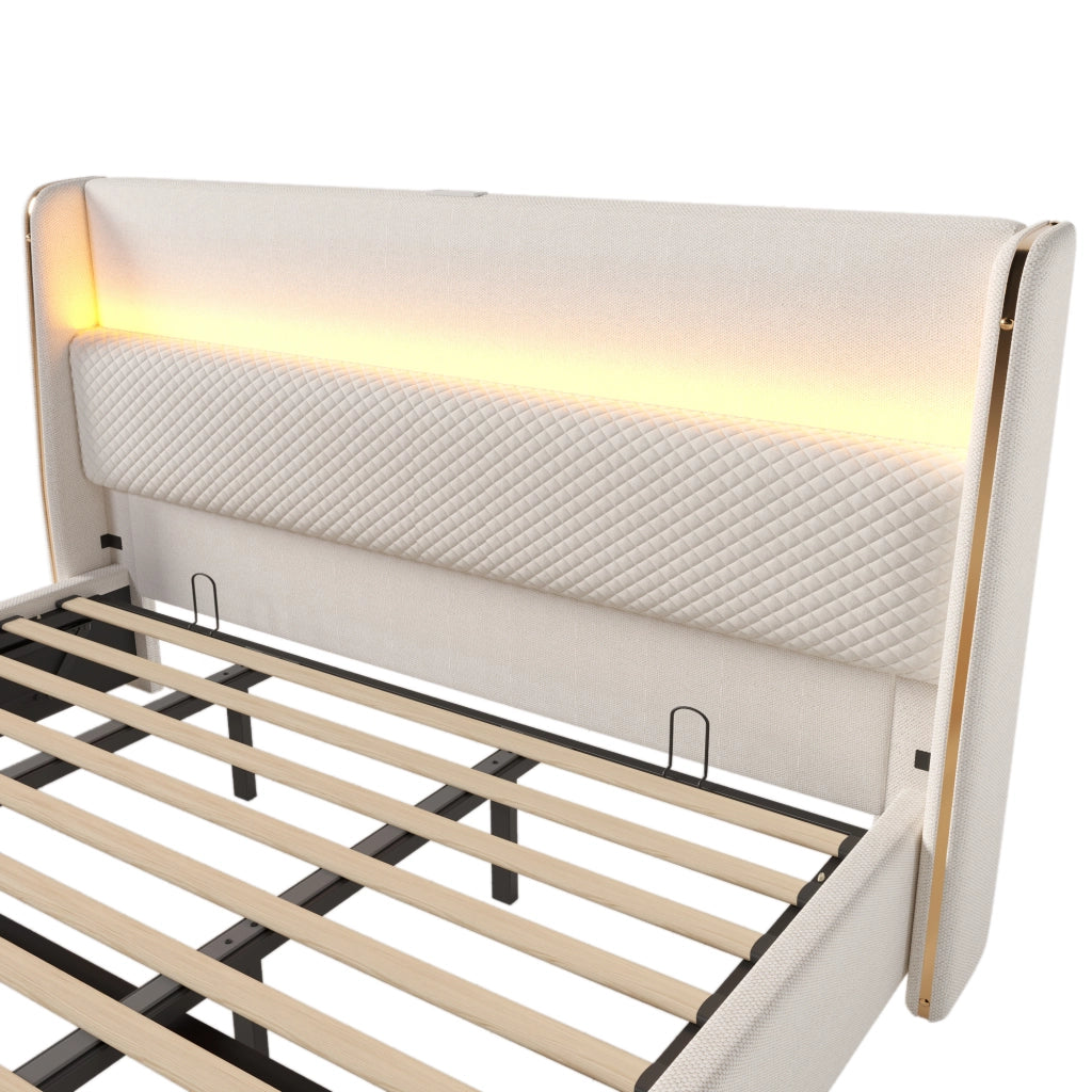LETTO matrimoniale idraulico 180x200 cm beige in lino con LED e porte USB/Type-C