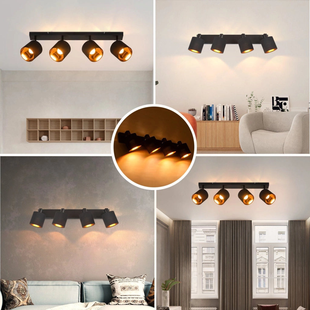 ZMH Faretto da soffitto neri retrò 4 luci E14 rotativi 350° paralume tessuto max 25W per camere senza lampadina