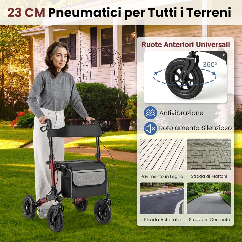 Deambulatore Pieghevole per Anziani in Alluminio, Rollator Regolabile in Altezza con Seduta, Schienale e Freni, Girello per Anziani con Borsetta, Carico Massimo 140 kg (Rosso)