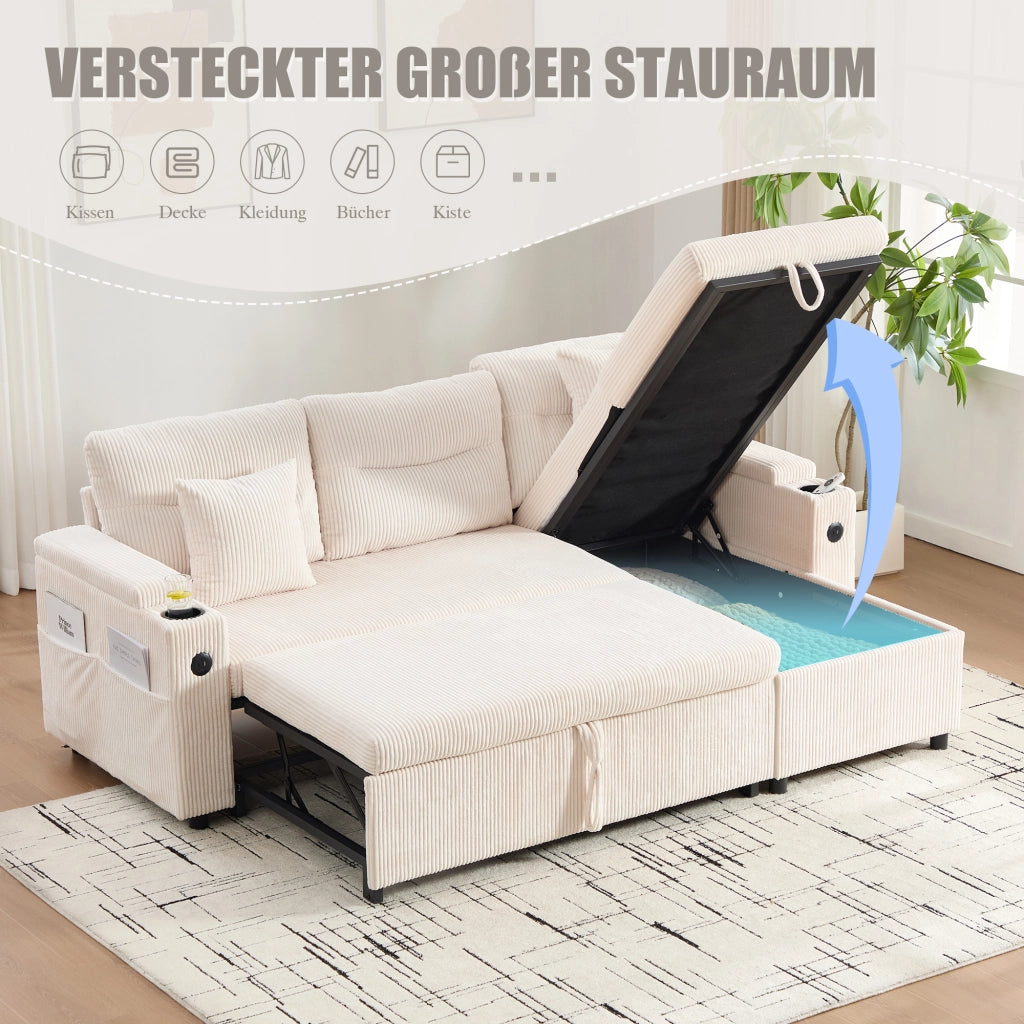 Divano modulare convertibile con letto estraibile chaise longue idraulica porta usb tipo c e vano in velluto beige