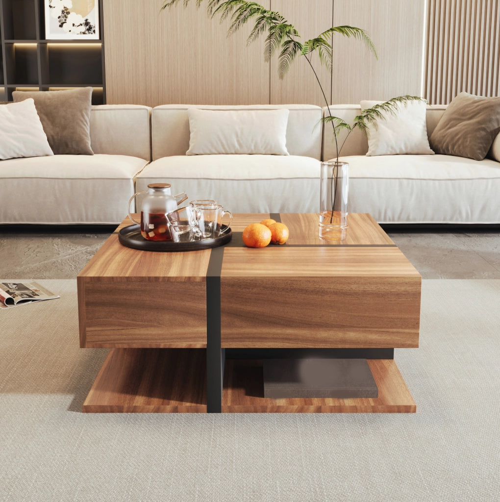Tavolino da caffè quadrato 78x78x36 cm con 4 cassetti e ripiano inferiore
