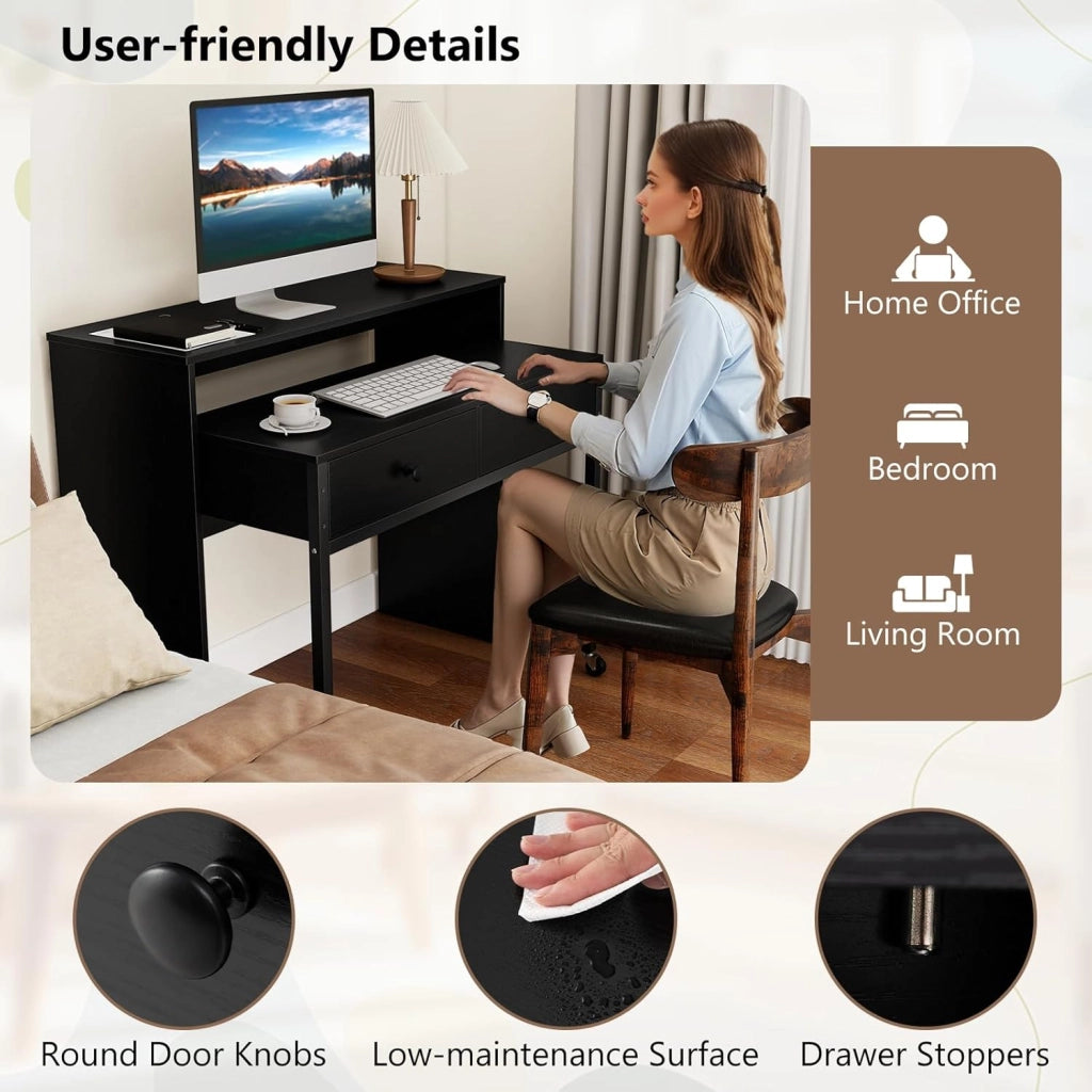 Scrivania per computer con piano estensibile, 100 x 63 x 88 cm, 2 cassetti e ripiano aperto, design compatto con ruote, tavolo da lavoro per camera da letto, ufficio (nero)