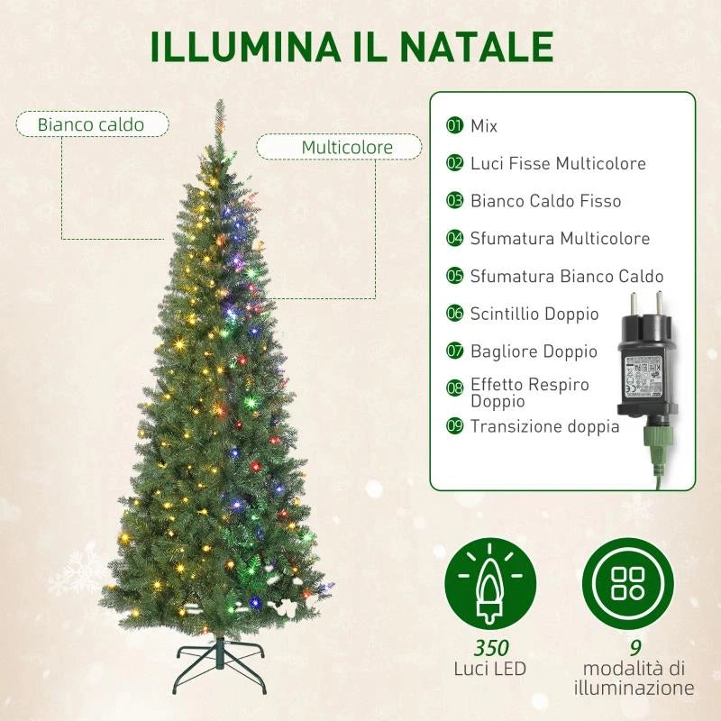 ALBERO DI NATALE 210 CM ILLUMINATO CON 350 LUCI BIANCHE E COLORATE, 9 MODALITÓ DI ILLUMINAZIONE