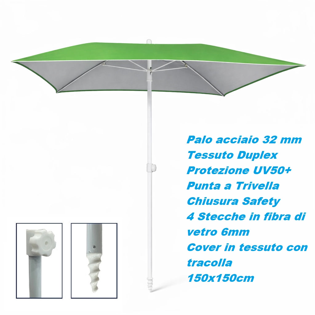 Ombrellone Mare 150x150 Antivento UV50+ Snodo 45° Palo 32 Stecche Fibra Vetro Verde