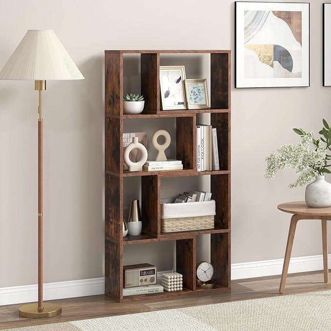 Libreria Geometrica a 4 Ripiani, Organizzatore Moderno con 8 Cubi, Mensola Espositiva a Pavimento, Mobile di Stoccaggio in Legno per Soggiorno Camera da Letto Studio, 60x20x120 cm (Marrone)