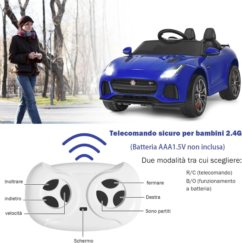 Jaguar Auto Elettrico 12 V per Bambini, Macchina Elettrica con Telecomando, con Luci Musica Storia, Avvio Lento, Velocità 3-5 km/h (Blu)