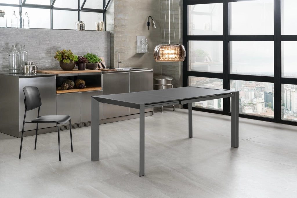 Pixel Tavolo Allungabile 122/182 cm in Vetro Temperato Acidato Grigio e Gambe in Metallo - Design Moderno per la Zona Living o Cucina