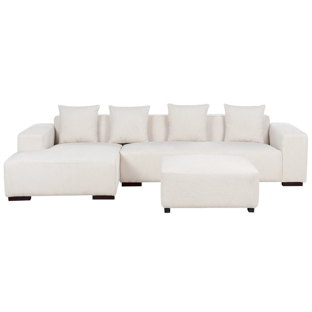 Divano angolare a L con cuscini 4 posti in velluto a coste bianco sporco con ottomana versione a destra stile elegante moderno
