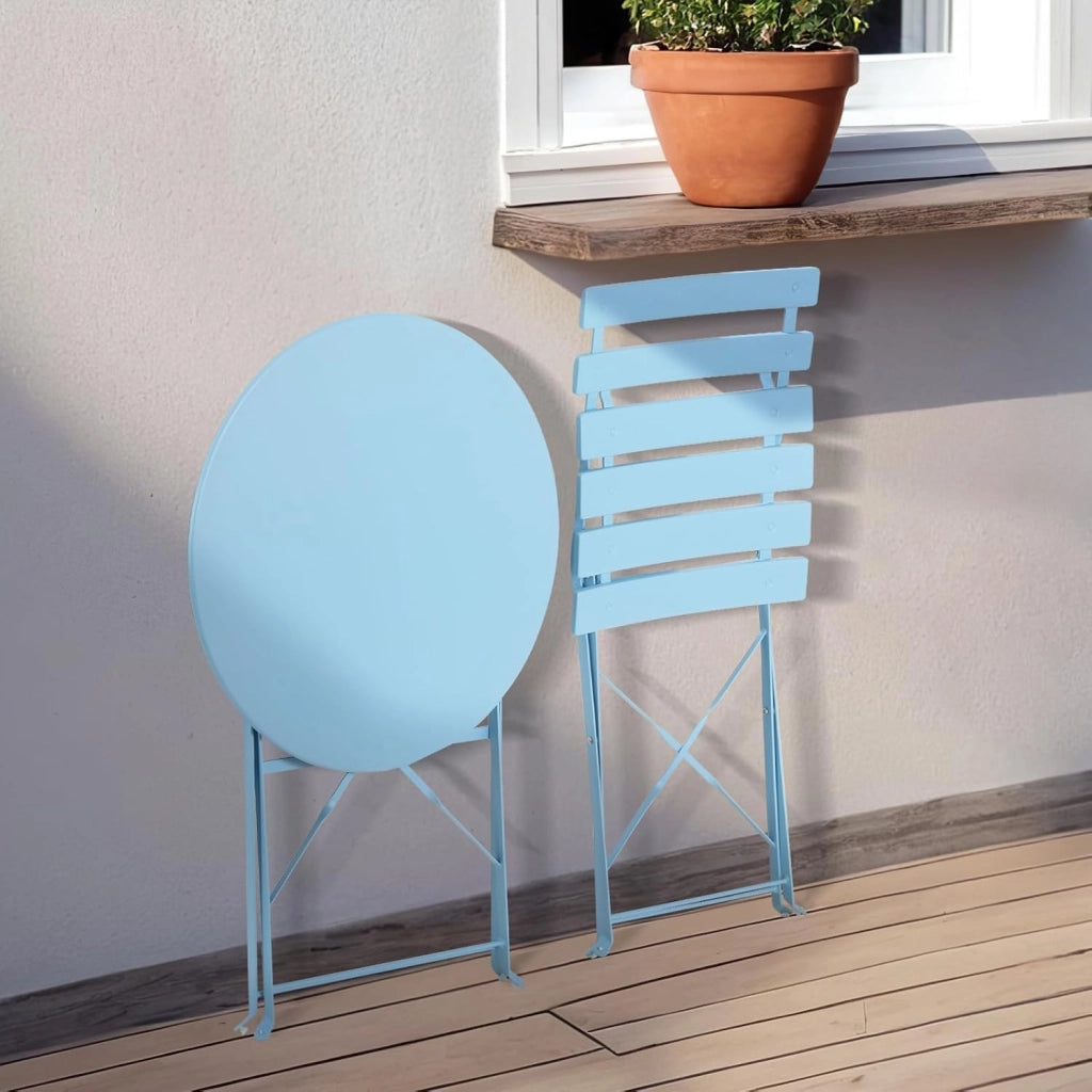 Set da Bistrò 3 Pezzi, Tavolo da Giardino Pieghevole Metallo, Set da Balcone con 2 Sedie, Mobili da Giardino, Pieghevole, Tavolo con Sedie per Balcone e Terrazzo, Blu