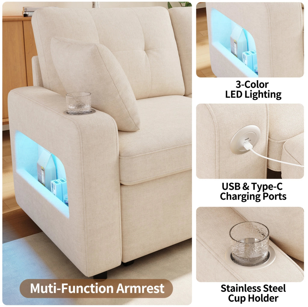 Divano letto 2 posti ULEVR con LED, porte USB e Type-C, vani nei braccioli e portabevande, beige