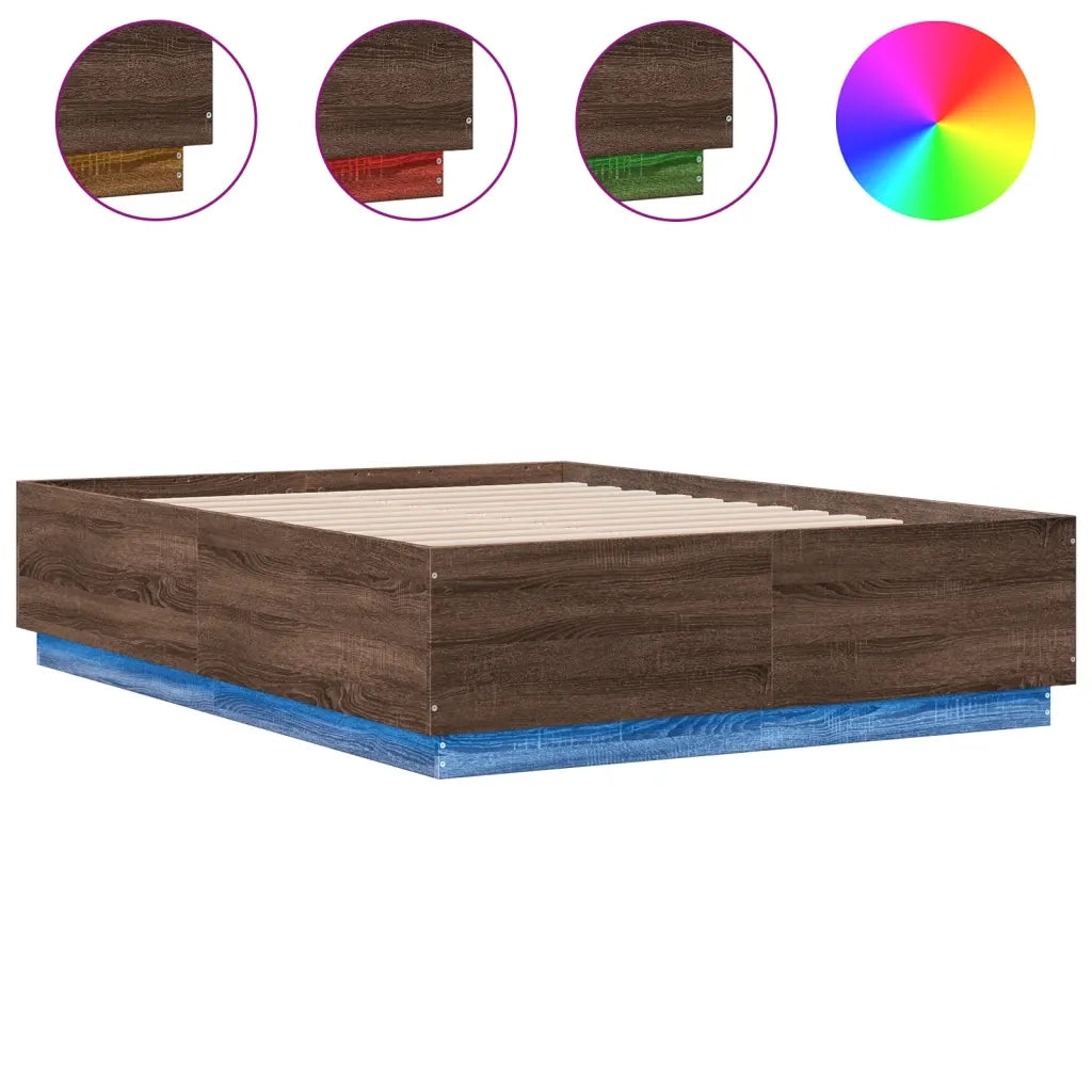 Letto matrimoniale | Letto per adulti | Giroletto Luci LED Rovere Marrone 135x190 cm Legno Multistrato