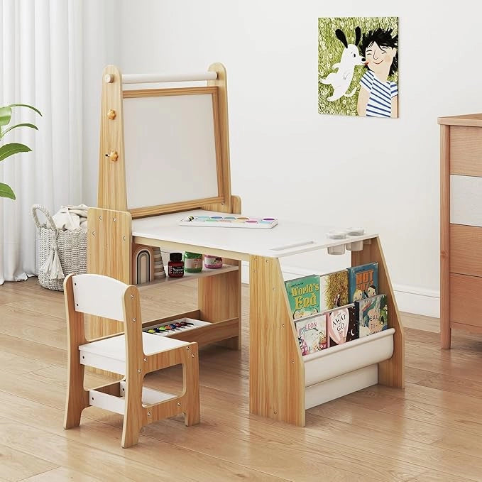 Set Tavolo e Sedia per Bambini, Tavolo in Materiale Sicuro con Lavagna e Sedia, Lavagna Bianca, Rotolo di Carta, 2 Ripiani Aperti e Libreria a 2 Ripiani, Ideale per Disegno (Naturale)