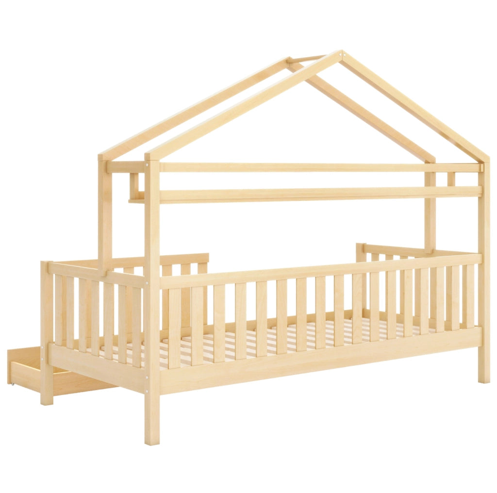 Letto per bambini a casetta con 2 cassetti; 90x200 cm; pino e MDF; naturale