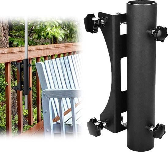 Parapluhouder per balcone con chiusura per cancello di giardino - Versione robusta - Adatto per decking - Parapluhouder con gancio - Regolabile ampiezza di chiusura (1,9 cm - 61 cm) - Adatto per parapluie con diametro da 11 a 19 cm.
