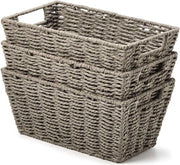 Set di 3 contenitori, intrecciati di carta di carta, tessuti con maniglie, contenitore multifunzionale intrecciato, perfetto per la cucina, la camera da bagno, la sala da soggiorno, la decorazione, grigio