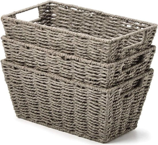 Set di 3 contenitori, intrecciati di carta di carta, tessuti con maniglie, contenitore multifunzionale intrecciato, perfetto per la cucina, la camera da bagno, la sala da soggiorno, la decorazione, grigio