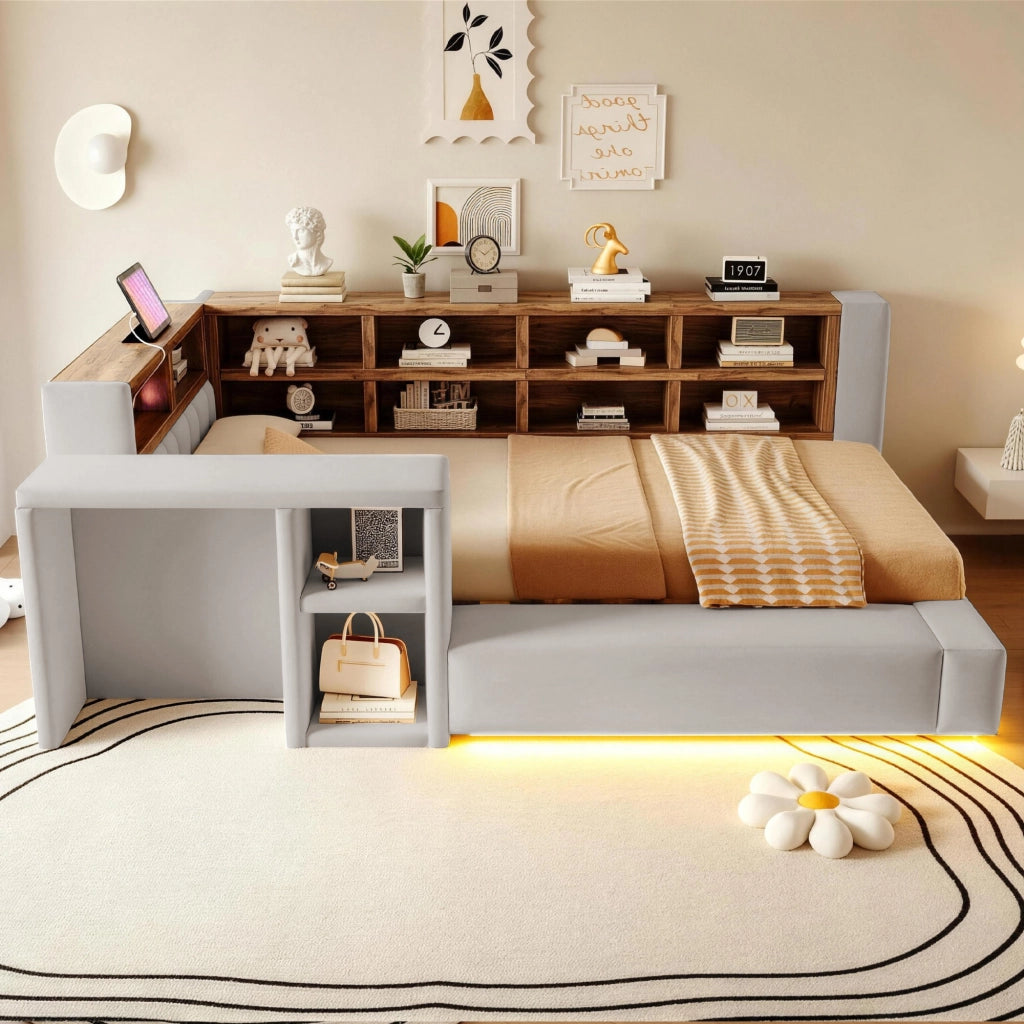 Letto imbottito 90 x 200 cm con testiera imbottita, vani contenitore integrati, LED, prese e comodino laterale, grigio chiaro