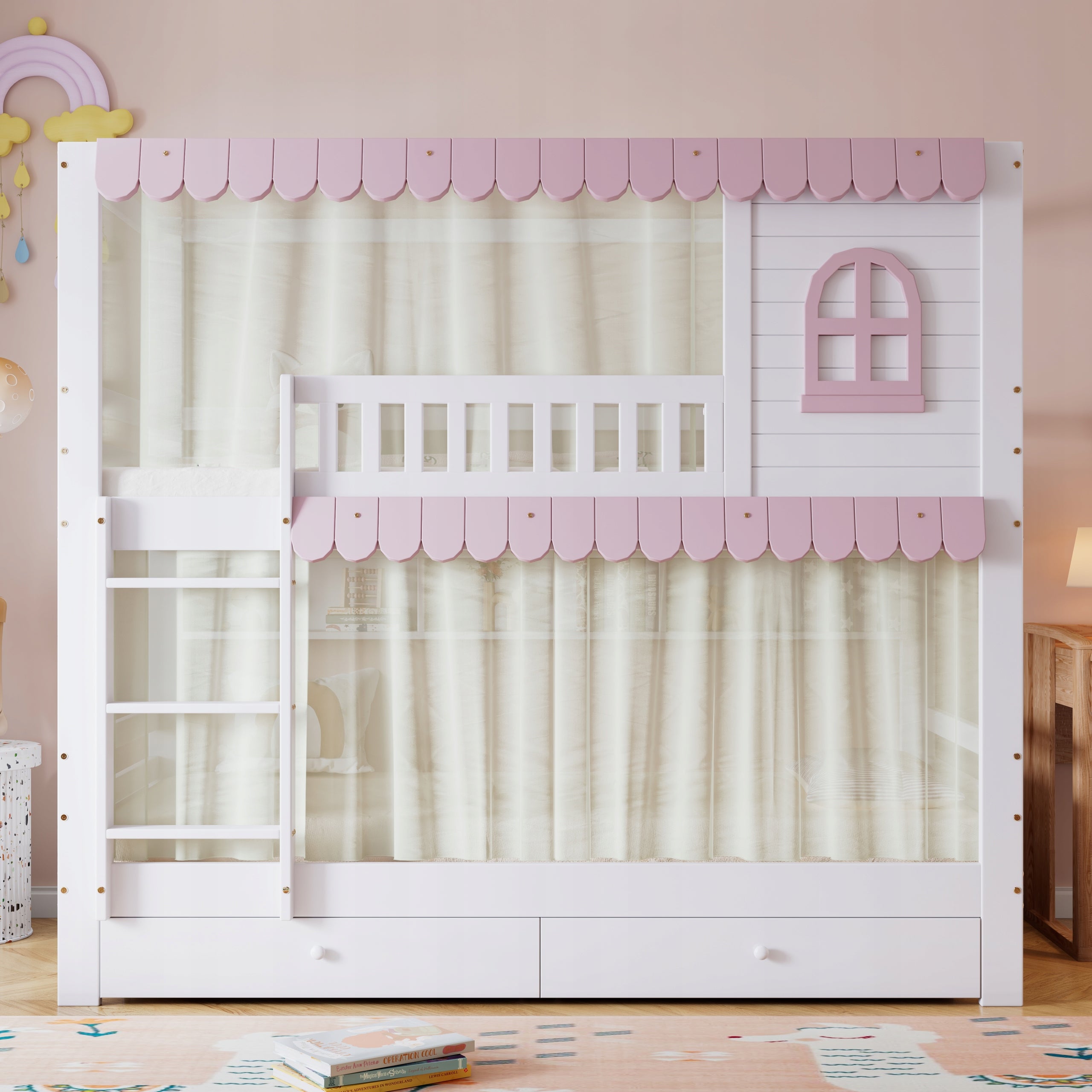 Letto a castello per bambini 90x200 bianco-rosa - Xylo