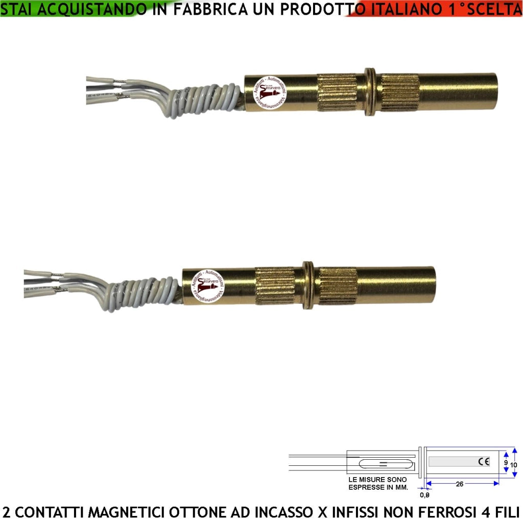 Contatti Magnetici Ottone a Scomparsa Sensore Reed Uscita NC 2 Pezzi Collegamento 4 Fili Tensione Transito Max 100 V 10 W Carico Resistivo Antifurto Infissi Non Ferrosi Forma Cilindrica ABS Prot. IP65