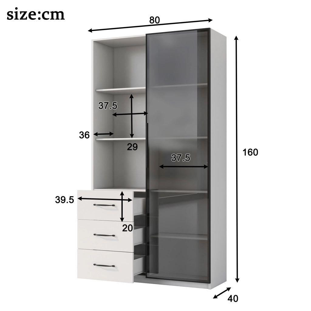 OKWISH Vetrina con 1 Anta in Vetro, 3 Cassetti e 3 Vani Aperti, LED Multicolore, per Soggiorno o Cucina, 80×40×160 cm
