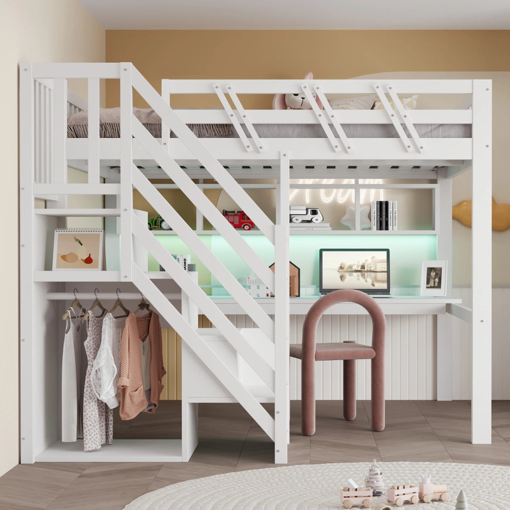 Letto a soppalco 140 × 200 cm con scrivania; scala contenitore; ripiani; LED e prese integrate in legno bianco